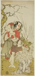 A színész, Nakamura Juzo II Yushichi (?) szerepében a Keisei Momiji no Uchikake (?) színdarabban, a Morita Színházban (?) a hetedik hónapban, 1772 (?)