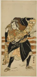 A színész, Nakamura Nakazo I, mint Abe no Sadato (?) a Nishiki Tsui no Yumitori (?) színdarabban, a Morita Színházban (?) a tizenegyedik hónapban, 1778 (?)