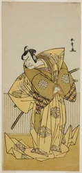 I. Nakamura Nakazo színész Kudo Sukestune (?) szerepében a Kokimazete Takao Soga (?) című darabban, amelyet az Ichimura Színházban (?) mutattak be a második hónapban, 1778