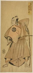 I. Nakamura Nakazo színész Osada no Taro (?) szerepében az Ima o Sakari Suehiro Genji (?) című darabban, amelyet a Nakamura Színházban (?) mutattak be a tizenegyedik hónapban, 1768-ban (?)