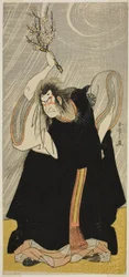 Nakamura Nakazo I színész a mennydörgés isteneként, Kan Shojo megtestesüléseként a Sugawara Denju Tenarai Kagami című darabban, amelyet a Morita Színházban adtak elő 1780 harmadik hónapjában