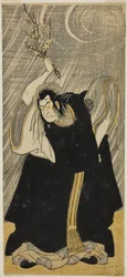 Nakamura Nakazō I színész a mennydörgés isteneként, Kan Shōjō megtestesüléseként a „Sugawara Denju Tenarai Kagami” című darabban, amelyet a Morita Színházban adtak elő 1780 harmadik hónapjában