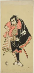 A színész, Nakamura Sukegoro II, mint Aso no Matsuwaka, egy nindzsa (árnyékharcos) az Ima o Sakari Suehiro Genji (A Genji klán most a zenitjén) című darabban, a Nakamura Színházban a tizenegyedik hónap első napjától, 1768