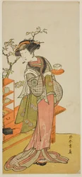 A színész, Nakamura Tomijuro I, mint Otake pincérnő a Chigo Suzuri Aoyagi Soga című darabban, a Nakamura Színházban az első hónapban, 1777