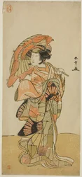I. Nakamura Tomijuro színész nőstény róka szerepében az Ubagadake hegyről a Chigo Torii Tobiiri Kitsune című darabban, amelyet az Ichimura Színházban 1777. tizenegyedik hónapjában mutattak be.