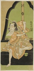Az I. Onoe Kikugoro színész Ukishima Danjo (?) szerepében a Shinasadame Soma no Mombi (?) színdarabban, az Ichimura Színházban (?) a hetedik hónapban, 1770 (?)