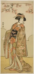 A színész, Osagawa Tsuneyo II, mint Onoe no Mae a Nishiki Tsui no Yumitori című darabban, a Morita Színházban a tizenegyedik hónapban, 1778