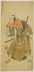 Sawamura Sojuro II Omi no Kotoda (?) szerepében a Shuen Soga Omugaeshi (?) színdarabban, amelyet az Ichimura Színházban (?) mutattak be a második hónapban, 1768 (?)