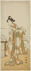 A színész Segawa Kikunojo III, mint Aigo no Waka a Chigo Sakura Jusan Kane című darabban, az Ichimura Színházban a tizenegyedik hónapban, 1774
