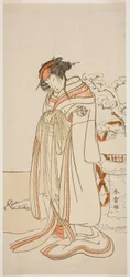 A színész Segawa Kikunojo III mint Kisewata udvarhölgy (Tagasode) (?) a Hana-zumo Genji Hiiki (?) színdarabban, a Nakamura Színházban (?) a tizenegyedik hónapban, 1775 (?)