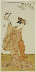 A színész I. Segawa Yujiro mint Matsukaze, Togashi no Saemon nővére a Gohiiki Kanjincho (Kedvenc színdarabod Kanjincho [Az előfizetések listája]) című darabban, amelyet a Nakamura Színházban a tizenegyedik hónap első napjától, 1773-tól.