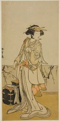 I. Segawa Yujiro színész Oszai, női fodrász szerepében a Kamuri Kotoba Soga no Yukari című darabban, az Ichimura Színházban az első hónapban, 1776