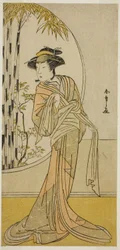 Tsuneyo II. színész Okaru szerepében a Kanadehon Chushingura című darabban, amelyet a Morita Színházban mutattak be a nyolcadik hónapban, 1779