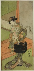 A színész Yamashita Kinsaku II, mint Miyagino fodrásznak álcázva a Kosode-gura no Tekubari című darabban, a Morita Színházban a második hónapban, 1772 (?)