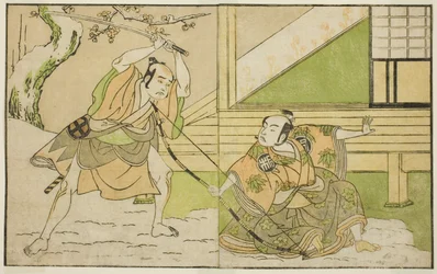 A színészek Arashi Sangoro II Hojo Tokiyoriként (jobbra) és Otani Hiroji III Koga Saburoként (balra) a Kono Hana Yotsugi no Hachi no Ki című darabban, amelyet az Ichimura Színházban mutattak be a tizenegyedik hónapban, 1771