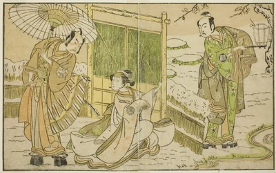 A színészek Arashi Sangoro II mint Minamoto no Yoritomo (jobbra), Segawa Kikunojo II mint Yuki Onna (középen), és Ichimura Uzaemon IX mint Kajiwara Genta no Kagetoki, a Myoto-giku Izu no Kisewata című darabban, amelyet az Ichimura Színházban adnak elő. Tiz