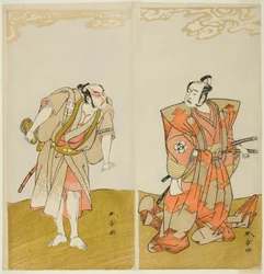 A színészek Bando Mitsugoro I Hata no Kawakatsuként (jobbra), Otani Hiroemon III pedig a Manszolga (Yakko) Gansuke (balra) a Miya-bashira Iwao no Butai (Szentélyoszlopok kőalapon) című darabban, a Moritában. Színház a t. tizenötödik napjától