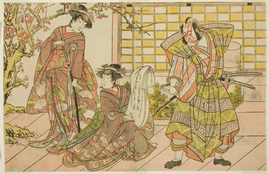 A színészek Ichikawa Danjuro V mint Miura Kunitae (jobbra), Segawa Kikunojo III mint Yasukata (középen), és Iwai Hanshiro IV mint Utou (balra), a Godai Genji Mitsugi no Furisode című darabban, amelyet a Nakamura Színházban mutattak be a tizenegyedik hónapb