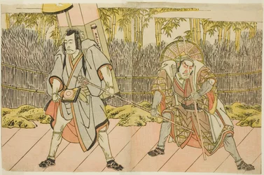 A színészek Ichikawa Danzo IV, mint Arakawa Taro Takesada, mint a palánkvin hordozó Tarobei (jobbra), és Ichikawa Danjuro V, mint Abe no Sadato, mint a zarándok Kuriyagawa Jirodayu (balra), a Godai Genji Mitsugi no Furisode című darabban, előadva: