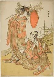 A színészek Ichikawa Monnosuke II és Segawa Kikunojo III, mint a Lovers Seijuro (jobbra) és Onatsu (balra), a "Michiyuki Hiyoku no Kiku-cho" (An Elopemet: Krizantém és pillangó szerelmesmadarak) szökésjelenetben, táncbejátszás a filmből. A Pla második rész