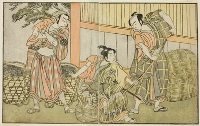 A színészek Kasaya Matakuro II Hagun Taro szerepében (jobbra), Ichikawa Monnosuke II Izutsu no Suke Narihira (középen), Nakamura Nakazo I pedig Kose no Kanaoka, Sogoro, a szénkészítő szerepében, a Kuni no Hana Ono no Itsumoji című darabban előadva a Nakáná