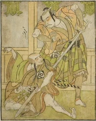 Kasaya Matakuro II Nobuyoriként Yakko Gunnaiként (jobbra), Miyazaki Hachizo pedig Hambyo Nyudo laikus szerzetesként (balra), a Nue no Mori Ichiyo no Mato című darabban, amelyet a 11. hónapban mutattak be a Nakamura Színházban.