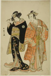 Matsumoto Koshiro IV és Segawa Kikunojo III színészek Choemon (jobbra) és Ohan (balra) szerelmeseinek szerepében, a „Michiyuki Segawa no Adanami” (Szökés: Áruló hullámok a sekély folyóban) című szökési jelenetben, a darab második részének táncközjátéka