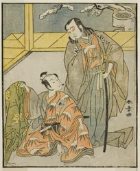 A színészek Nakamura Denkuro II, mint Suma no Dairyo (jobbra), és Ichikawa Komazo II mint Ariwara no Yukihira (balra), a Kuni no Hana Ono no Itsumoji című darabban, a Nakamura Színházban a tizenegyedik hónapban, 1771