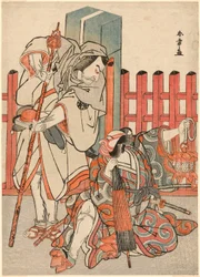 A színészek Nakamura Nakazo I, mint Chinzei Hachiro Tametomo zarándokként álcázva (balra), és Ichikawa Danjuro, mint Kazusa no Gorobei Tadamitsu (jobbra) a Kitekaeru Nishiki no Wakay című darab első részének végéből