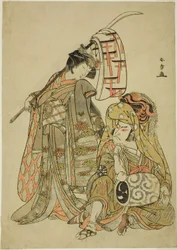 A színészek Nakamura Nakazo I, mint Onmaya Kisanda Kakubei, az oroszlántáncosnak (Kakubei-jishi) öltözve (jobbra) és Segawa Kikunojo III mint Shizuka Gozen (balra), a "Myoto-zake Kawaranu Nakanaka" (A házasság örök harmóniája) című táncsorozatban ) Kupa), 