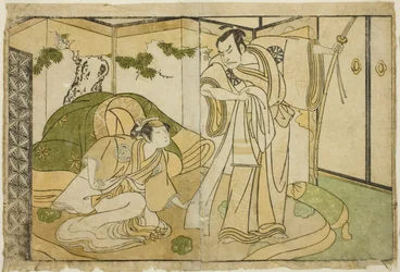 A színészek Nakamura Nakazo I, mint Taira no Kiyomori (jobbra), és Yamashita Kinsaku II mint Tokiwa Gozen (balra), a Nue no Mori Ichiyo no Mato című darabban, a Nakamura Színházban a tizenegyedik hónapban, 1770