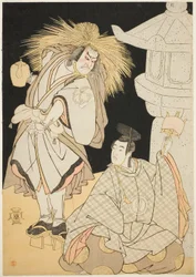 A színészek Nakayama Kojuro VI, mint Osada Taro Kagemune (a valóságban Hatcho Tsubute no Kiheiji) a Gion szentély lámpagyújtójának képében (balra), és Sawamura Sojuro III mint Komatsu no Shigemori (jobbra), a harmadik felvonásban az első részből Játssz Yuk