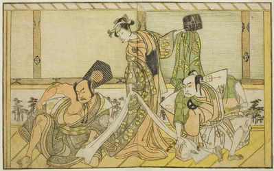 A színészek Otani Hiroji III, mint Kawazu no Saburo (jobbra), Segawa Kikunojo II mint Tatsu hercegnő (Tatsu Hime) (középen), és Nakamura Sukegoro II mint Matano no Goro (balra), a Myoto-giku Izu no Kisewata című darabban, előadva az Ichimura Színházban az 