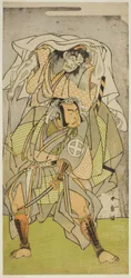 A színészek Otani Hiroji III, mint Koga Saburo, és Ichimura Uzaemon IX mint Kogakeyama ördöge, Wakasa no Zenji Yasumura szelleme a Kono Hana Yotsugi no Hachi no Ki című darabban, amelyet az Ichimura Színházban mutattak be a tizenegyedik hónapban, 1771