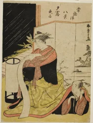 Yugiri udvarhölgy és szeretője, Fujiya Izaemon, a "Tokiwazu Hakkei" sorozatból