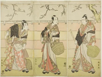 Három komuso szerzetes: Ichikawa Ebizo (V. Danjuro) Kudo Suketsune-ként (jobbra), Ichikawa Monnosuke II Soga no Juro Sukenariként (középen), és Ichikawa Omezo I Soga no Goro Tokimuneként (balra), a darab hatodik felvonásában Waka Murasaki Edokko Soga (halv