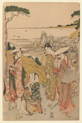 Yedo zarándoktársasága egy teaház előtt a Futami tengerpartja mögötti dombokon, és gyönyörködik a kilátásban, 1795 (színes fatömbnyomat)