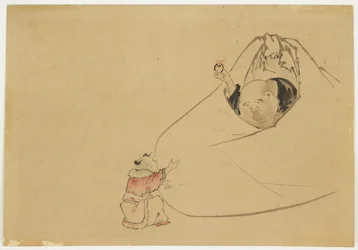 Hotei lángoló ékszert ajánl egy kisfiúnak, 1850 körül (tinta és szín papíron)