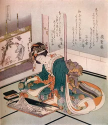 Egy nő a Fuji-hegy miniatűr modelljét készíti, c1823.