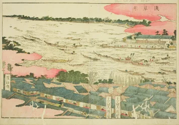 Asakusa Fesztivál (Asakusa matsuri), a "Keleti mulatságok képeskönyve (Ehon Azuma asobi)" című illusztrált könyvből