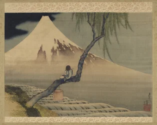 Boy viewing Mount Fuji, 1839 (ink & colour on silk)