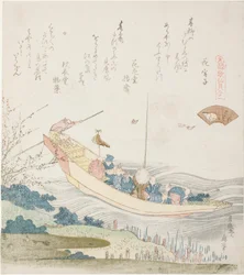 Komphajó a Sumida folyón, a Capital Shell (Miyako-gai) illusztrációja, a „Megfelelő játék Genroku-kori vershéjakkal (Genroku kasen kai awase)” sorozatból.