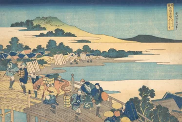 Fukui híd Echizen tartományban Echizen Fukui no hashi, a Remarkable V... sorozatból, 1827-30.