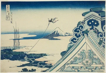 Hongan-ji templomi képviselő az Asakusa tagnál, Edonál (Toto Asakusa Hongan-ji templom), a „Ti rty x view ws of moun t Fuji (Fugaku Usaju Rokukatsura)” sorozatból.
