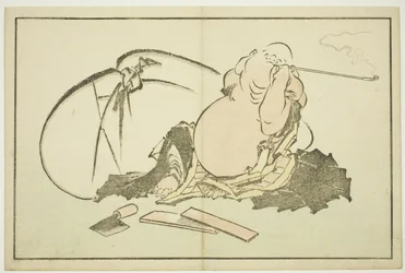 Hotei pipázik, Hokusai realista festményeinek képeskönyvéből (Hokusai shashin gafu), 1814 körül (színes fametszet (albumlap))