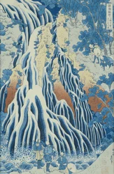 Kirifuri-vízesés a Kurokami-hegyen, a „Shokoku Taki Meguri” (Utazás az összes tartomány vízeséséhez) sorozatból, 1832 körül (színes fatömbnyomat)