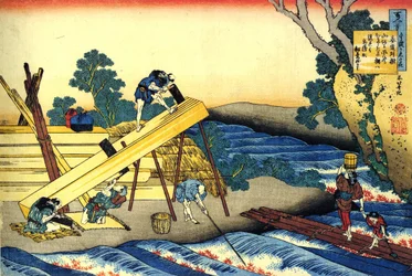 Serie de cent poems de cent poetes: ""Harumichi no Tsuraki"" Charpentiers au travail - Estampe de Katsushika Hokusai (1760-1849) (ecole ukiyo-e) vers 1830 State Hermitage Saint Petersbourg