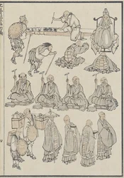 Vázlatok buddhista papokról, c. 1840 (fanyomat)