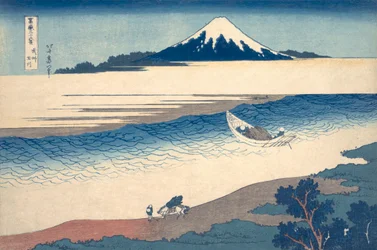 Hokuszai ukijo-e nyomata a Tama folyóról és a Fudzsi-hegyről