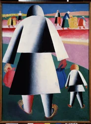A la recolte (Martha et Vanka) (Az aratáshoz. Martha és Vanka). Egy anya és lánya hátulról képviselve a földeken dolgozó, hajlott nők csoportja felé haladnak. Kasimir Severinovich Malevics (Malevich, Malevic) festménye (1878-1935), h